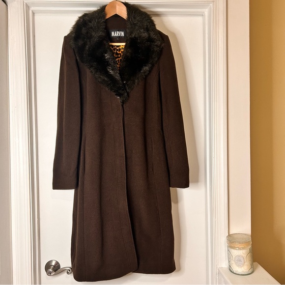 Marvin Richards Vintage Brown Wool Coat with Leopard Lining - Size Large - Picture 2 of 13